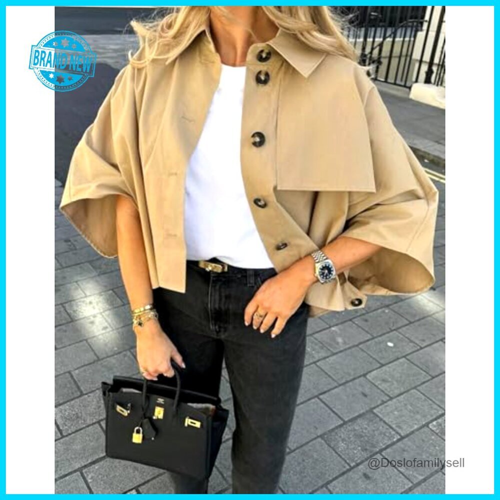 Oversized Cropped Trench Coat Single Breasted 3/4 Cape Sleeve Chic Outerwear - Picture 2 of 7